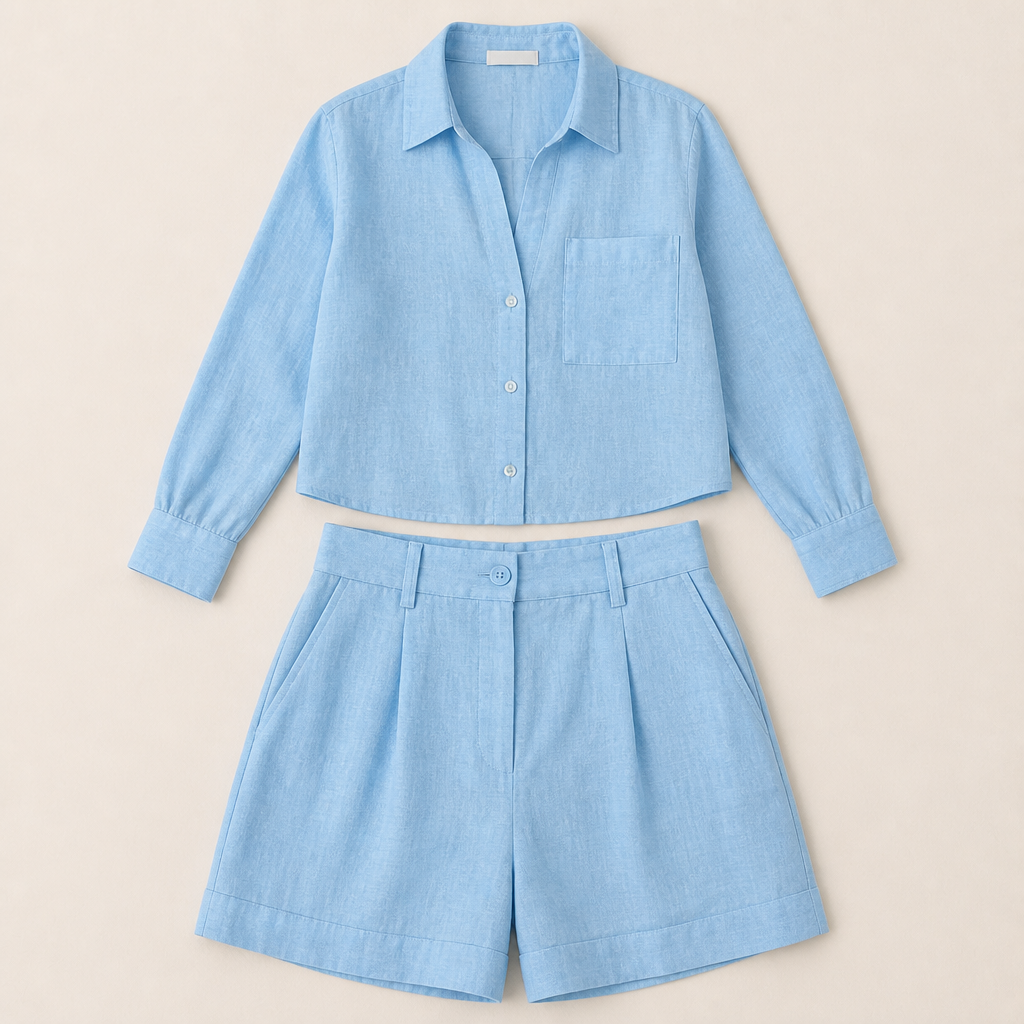 ZephyraLuxe™ – Breezy Linen-Blend Two-Piece Set with Tailored High-Waist Shorts