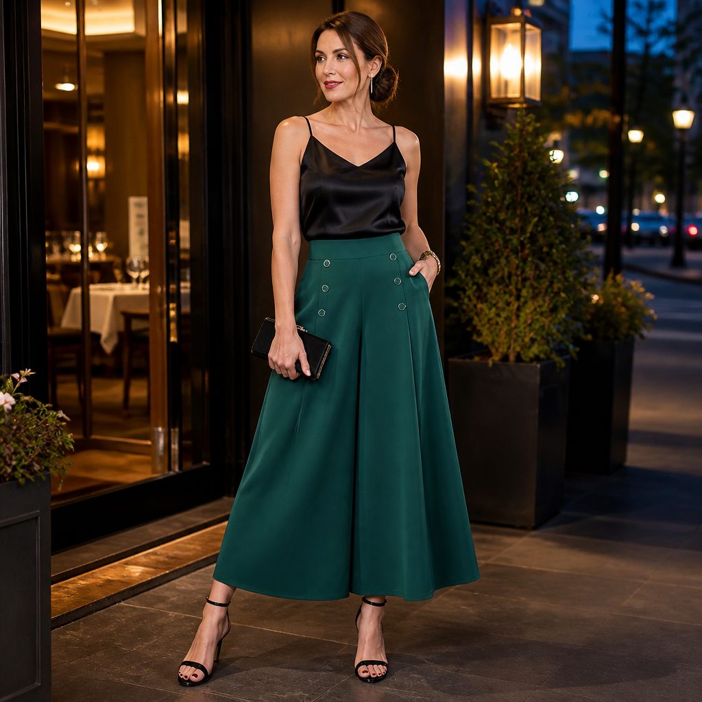 VeroLuxe™ – Wide-Leg Flowing Pleated Pants Featuring Side Button Accent