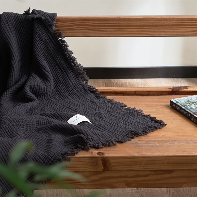 BreezyCotton – Luxurious 4-Layer Cotton Gauze Throw with Chic Fringe