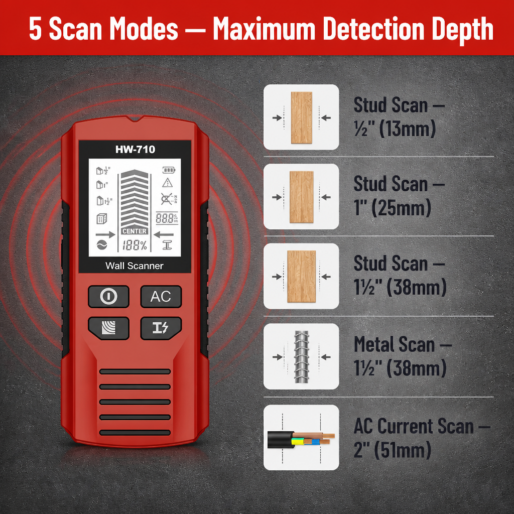 WallScout™ HW-710 — Locate Studs, Wires & Pipes Ahead of Drilling | 5-Mode Scanner