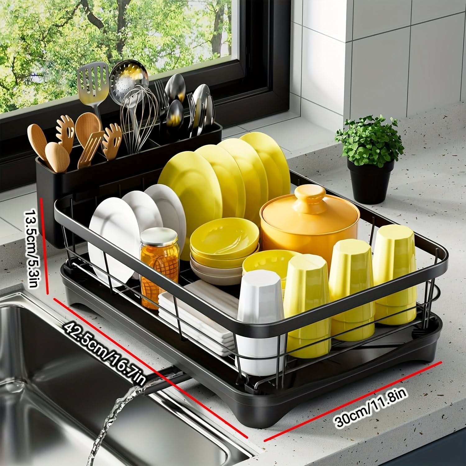 Stylish Dish Drying Rack with Utensil Holder in Black