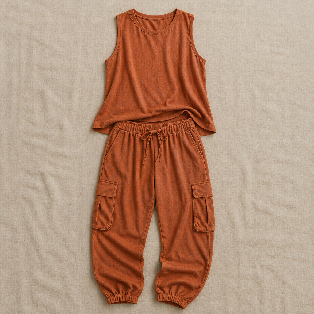 LuxeStride™ – Washed Cotton Tank and Cargo Jogger Set