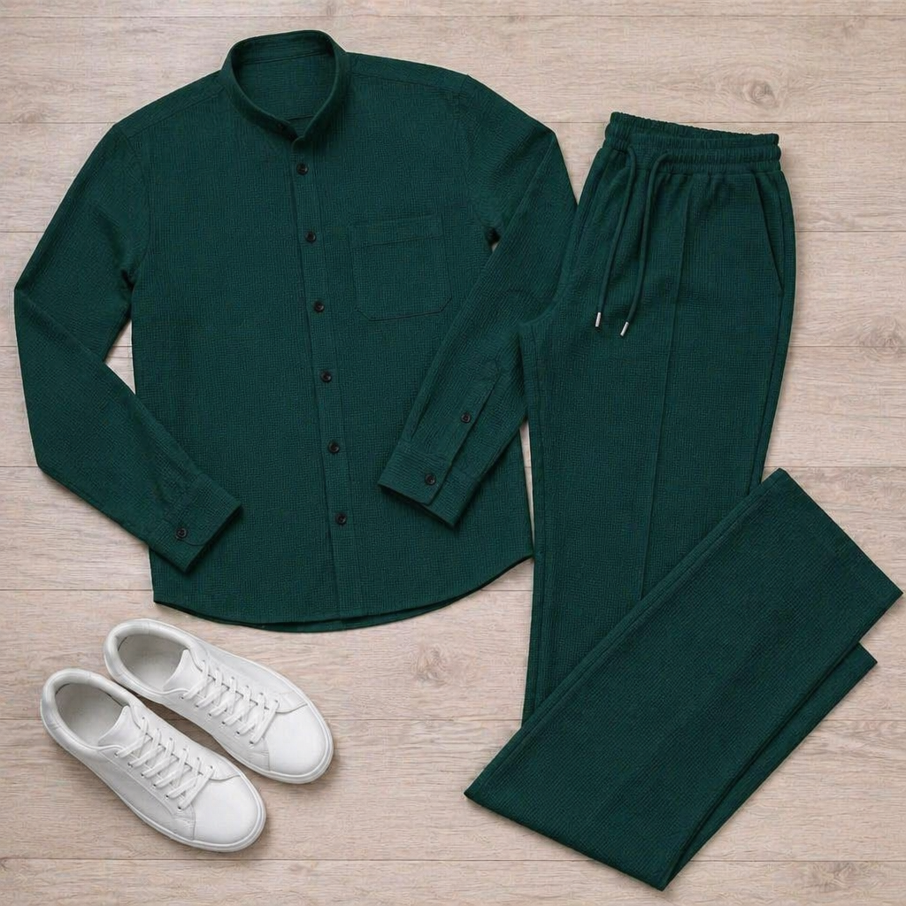 AnyWear™ – Casual Waffle-Knit Shirt & Pants Set Featuring Mandarin Collar