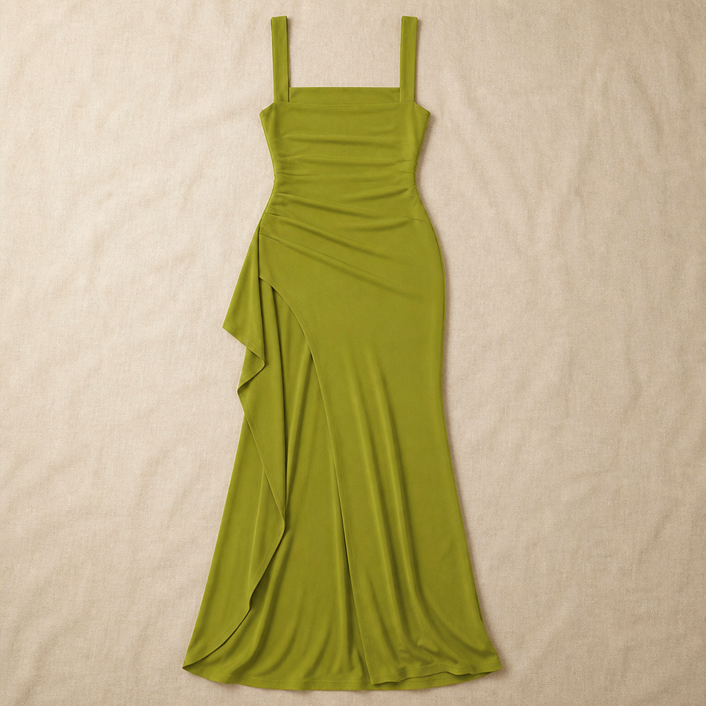 LuminaLuxe™ – Elegant Square-Neck Ruched Maxi Dress with High Thigh Slit