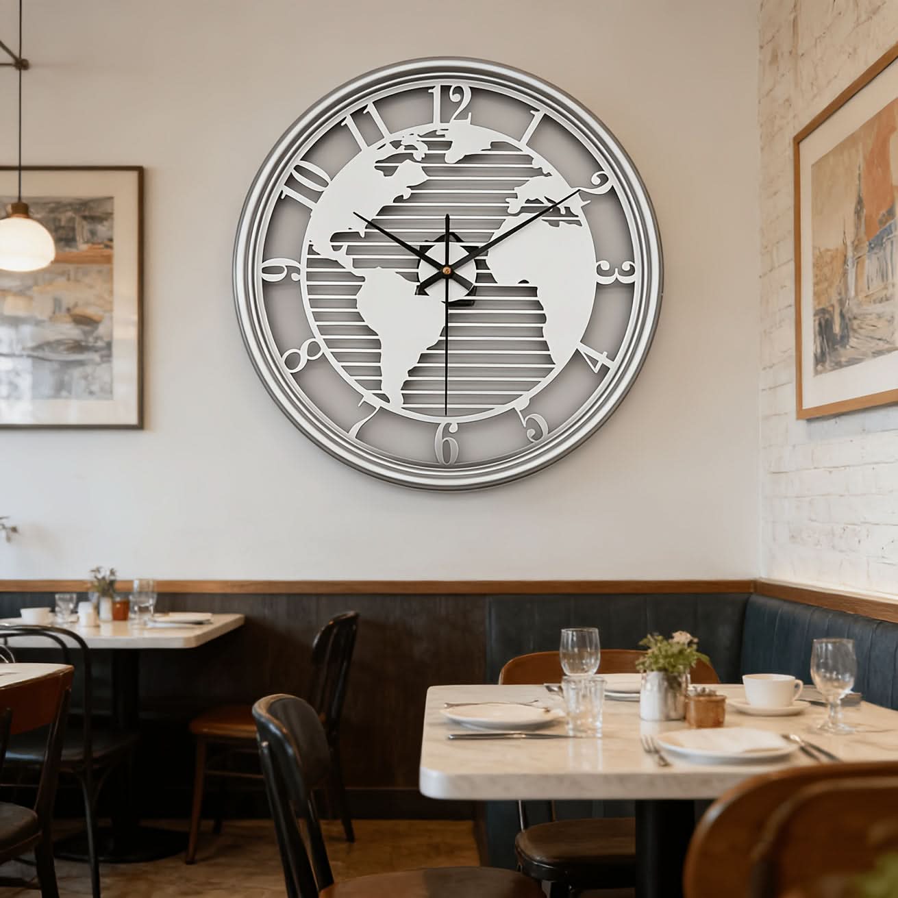 Silent Metal Wall Clock Featuring World Map Design