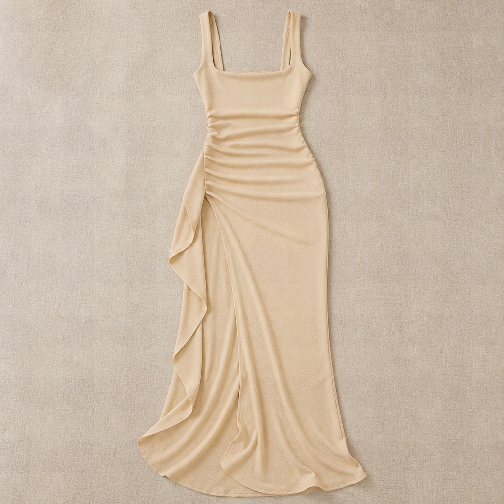 LuminaLuxe™ – Elegant Square-Neck Ruched Maxi Dress with High Thigh Slit