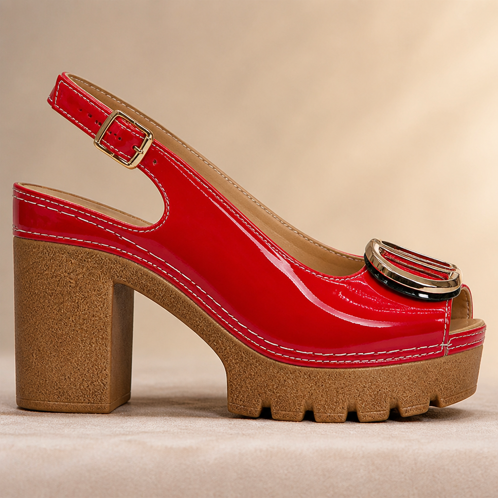 VivaStride™ – Patented Peep-Toe Block Heel Sandals Featuring Bold Gold Buckle