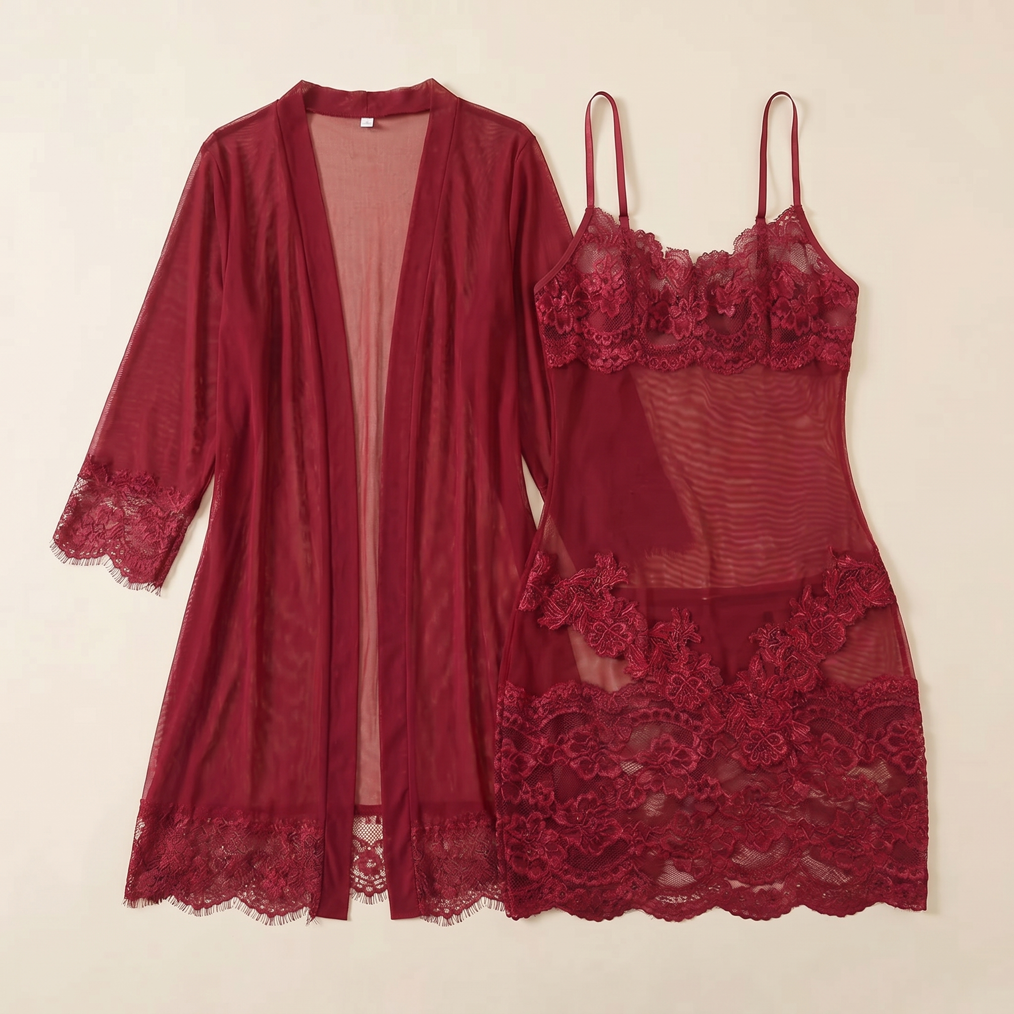 Enchantress™ – Transparent Floral Lace 3-Piece Lingerie Ensemble with Mesh Robe