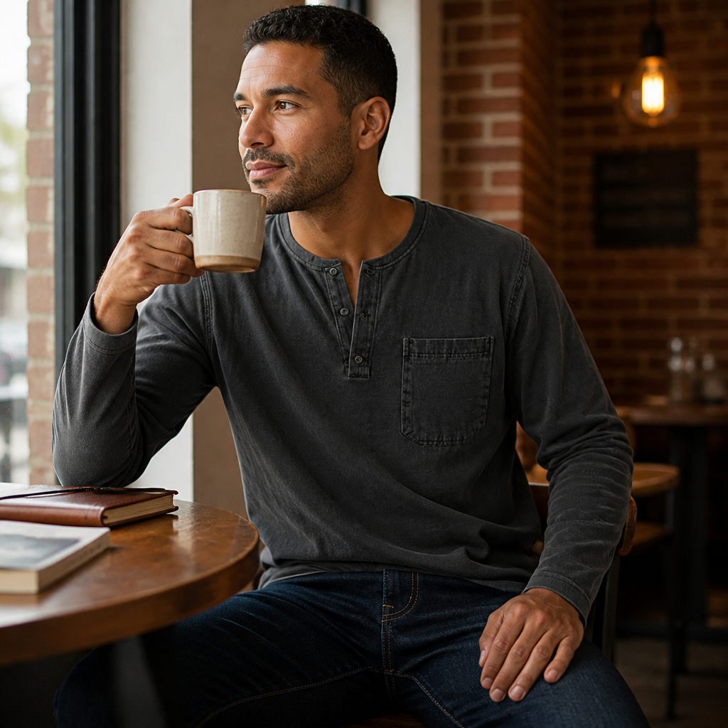 VeroVibe™ – Long Sleeve Henley in Vintage Wash with Chest Pocket