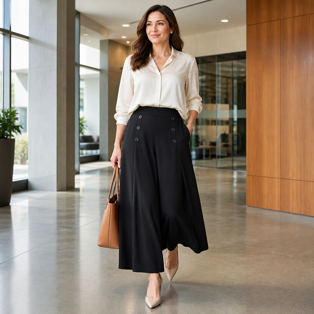 VeroLuxe™ – Wide-Leg Flowing Pleated Pants Featuring Side Button Accent