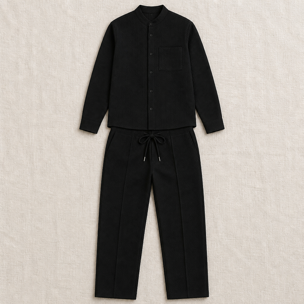 RavenaLux™ – Custom Waffle Knit Mandarin Collar Shirt and Pants Ensemble