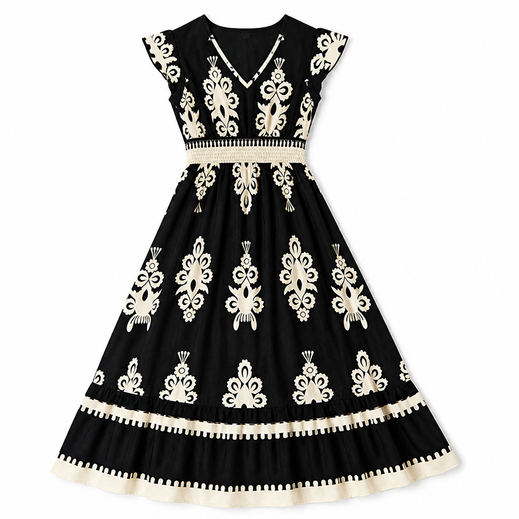 LuminaSway™ – V-Neck Maxi Dress with Vintage Baroque Print