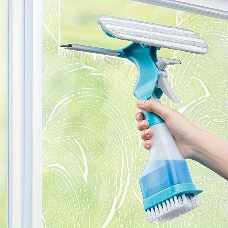 4-in-1 Glass Cleaner Brush with Spray, Scraper, and Scrubbing Tool