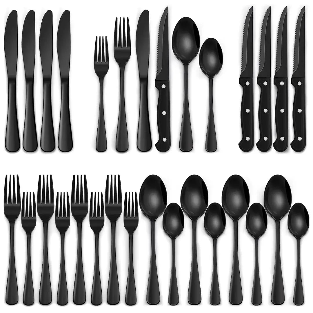 Cutlery Set | 24-Piece Matte Black Finish | Includes Steak Knives | CutleryCraft