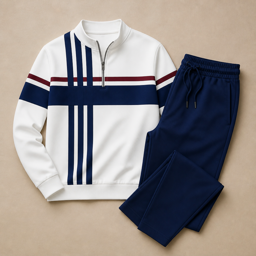 VibeFlex™ – Contemporary Striped Mock-Neck Quarter-Zip Two-Piece Set