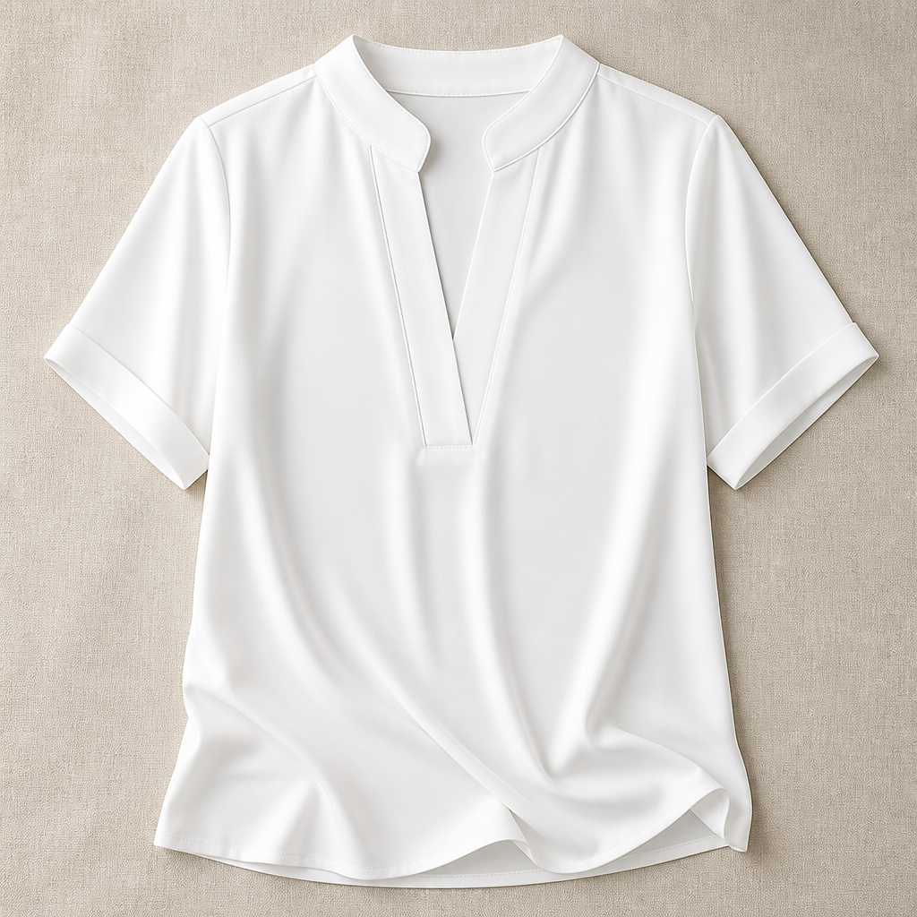 LioraSilk™ – Elegant V-Neck Top with Notched Stand Collar