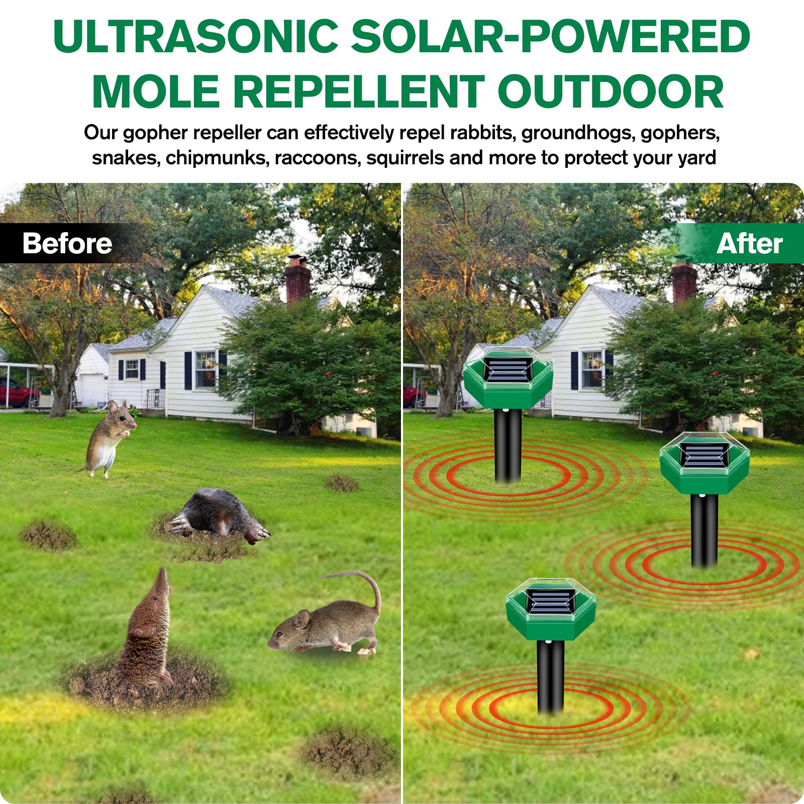 Mole Deterrent 4-Pack | Weatherproof and Solar-Powered | Easy Installation | MoleSilent
