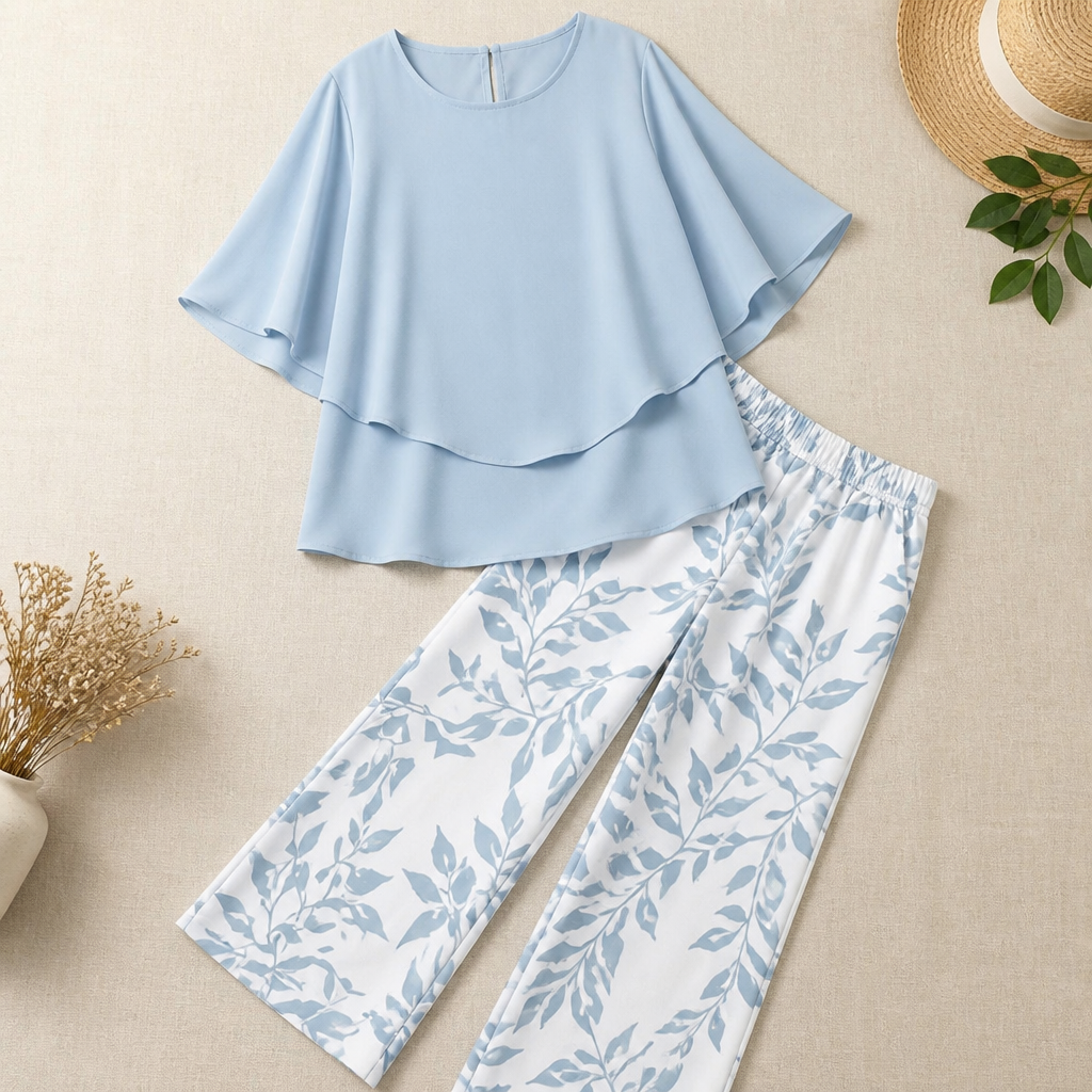 Flexara™ – Stylish Layered Chiffon Blouse with Wide-Leg Printed Pants Set
