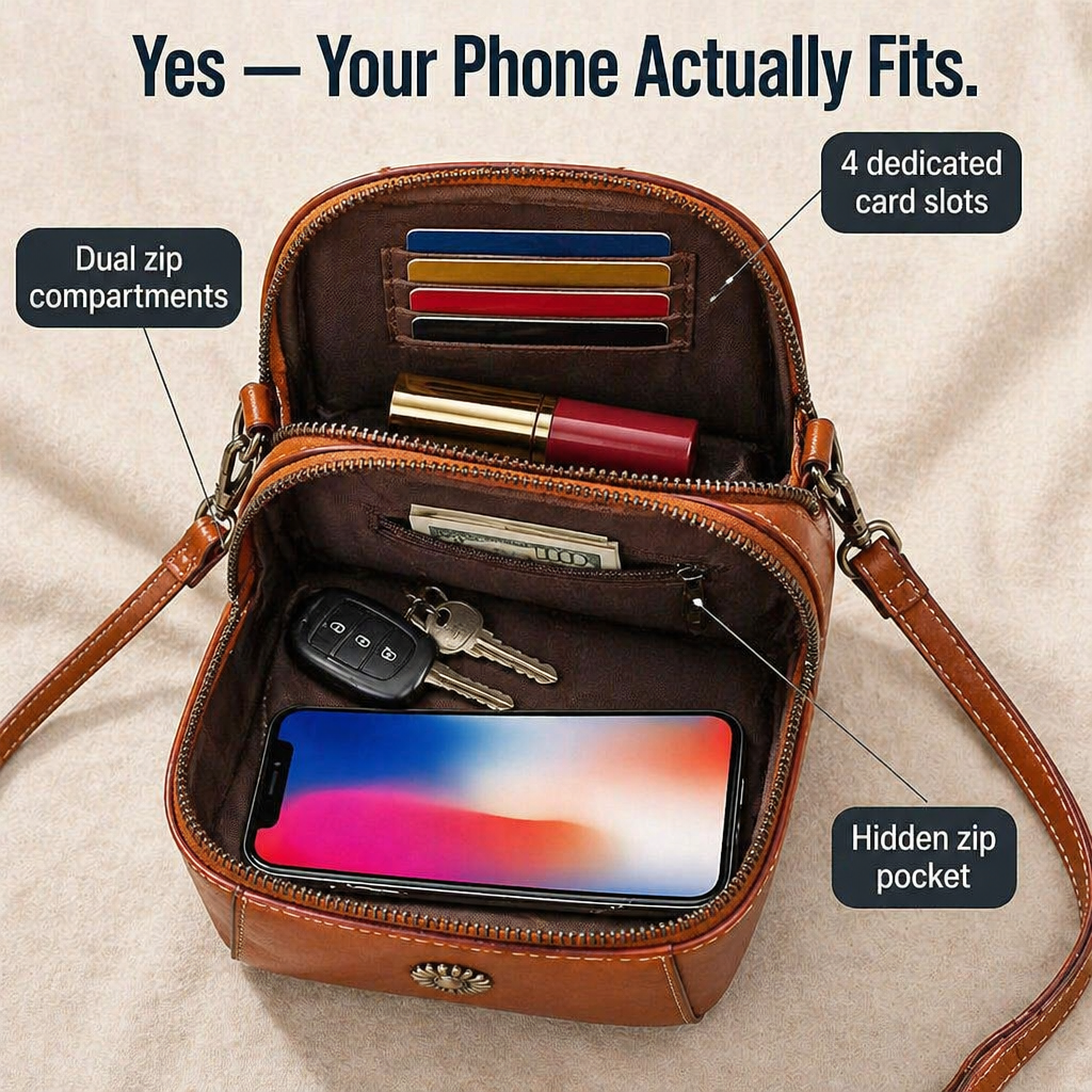 VividAura™ — Soft-Leather Crossbody to Hold Phone, Cards & Lipstick All-in-One