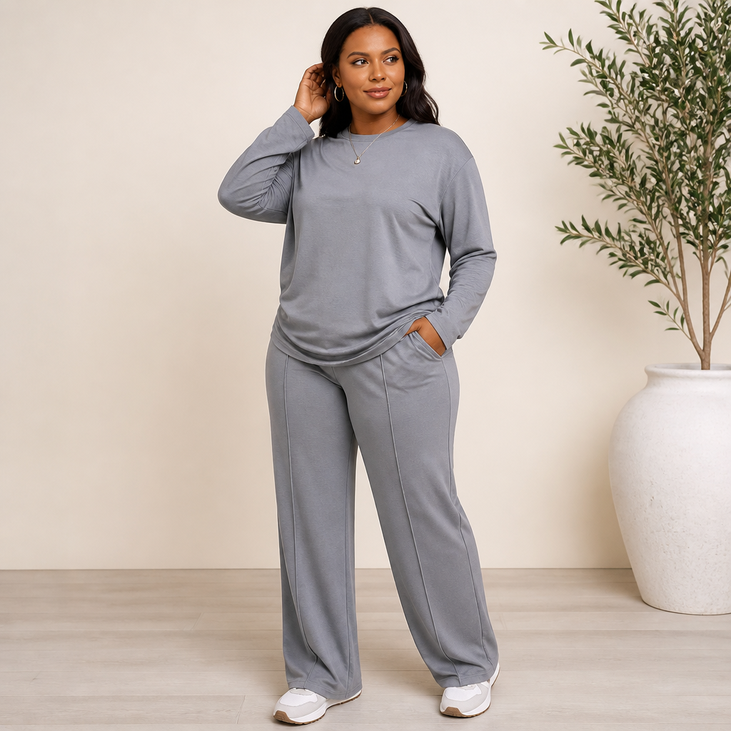 ElysianEase™ – Comforted Long Sleeve Shirt & Wide-Leg Trousers Set