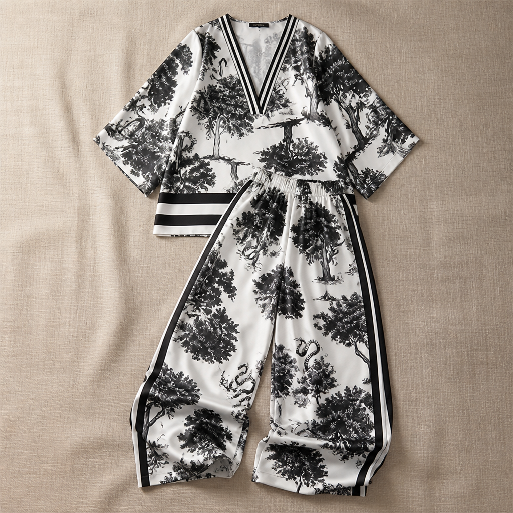 Lumiera™ – Elegant V-Neck Two-Piece Set with Signature Print