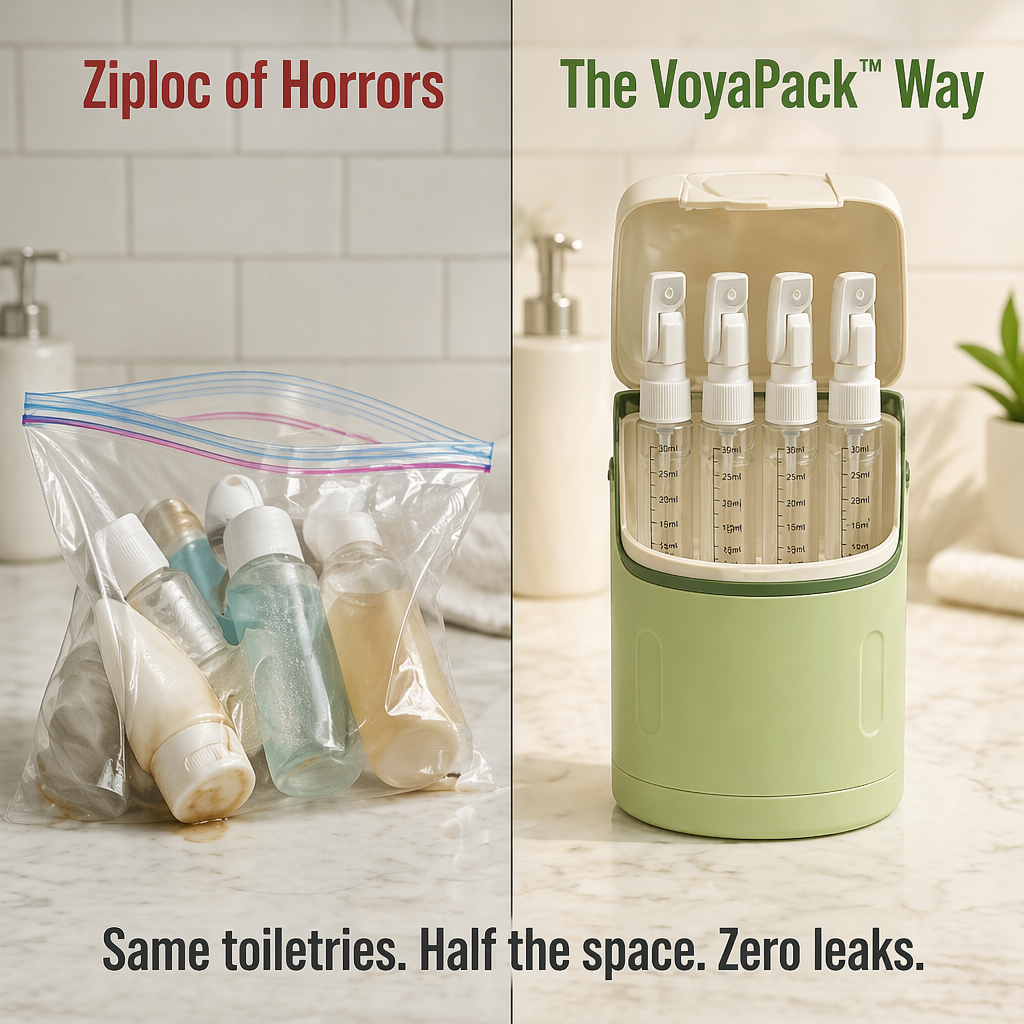 VoyaPack™ — Store, Secure & Dispense All Four Toiletries in One Case