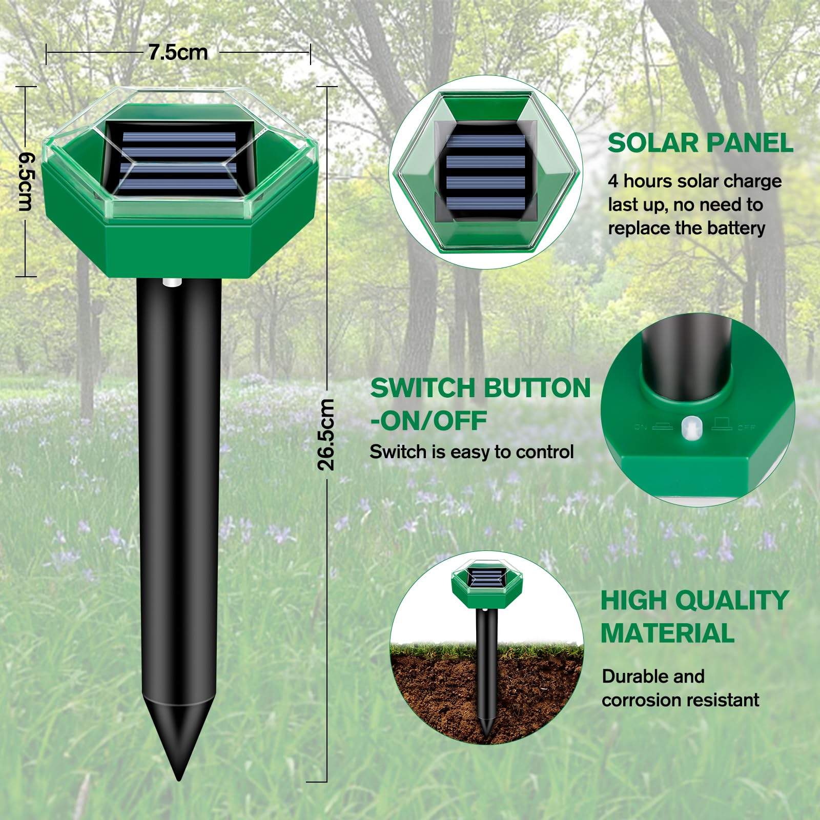 Mole Deterrent 4-Pack | Weatherproof and Solar-Powered | Easy Installation | MoleSilent