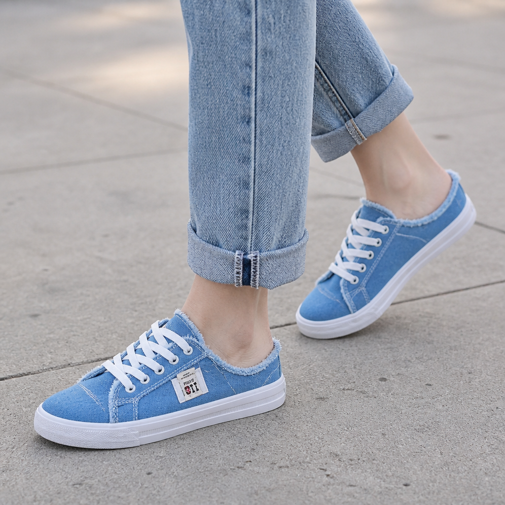 StridePulse™ – Casual Denim Mule Sneakers with Frayed Edges