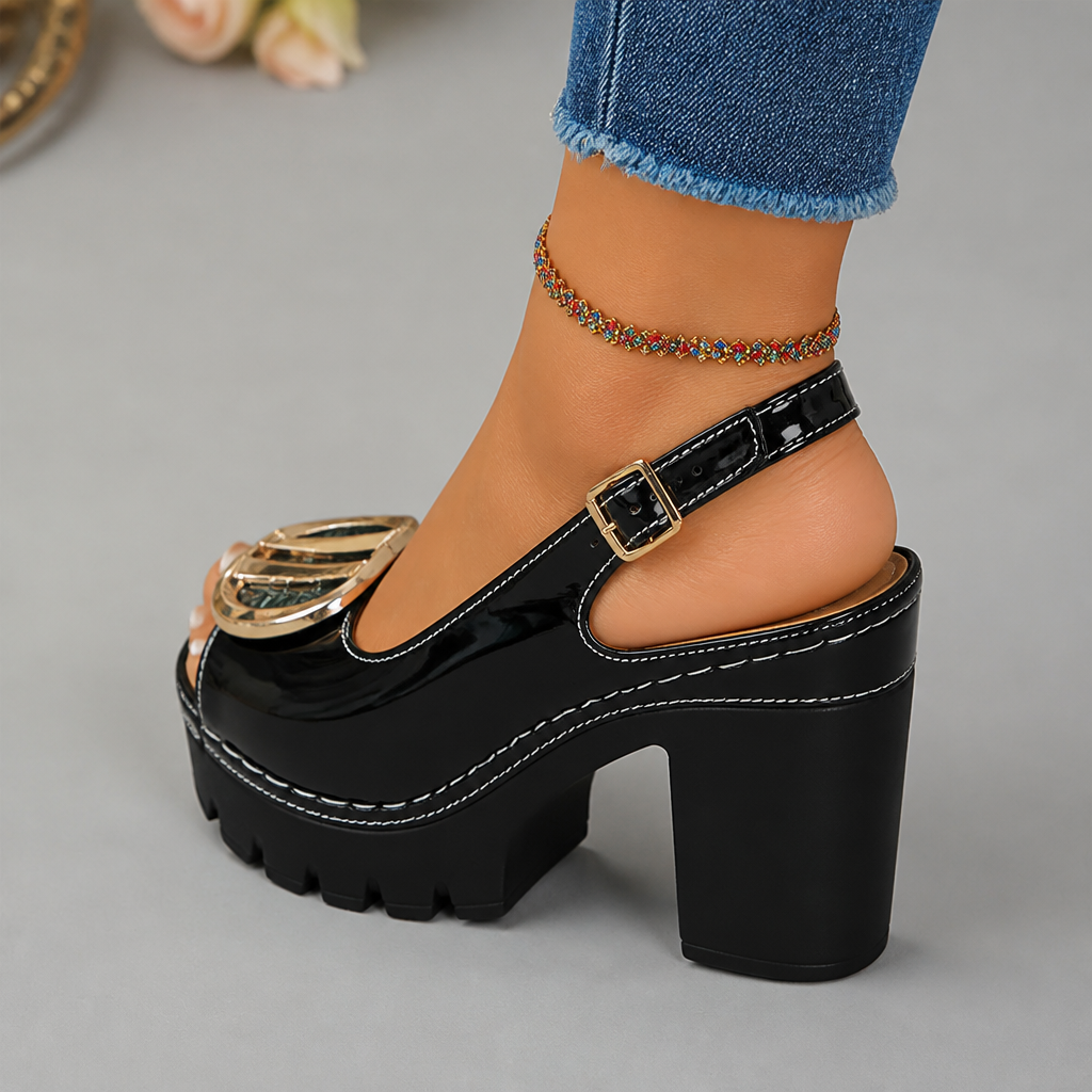 VivaStride™ – Patented Peep-Toe Block Heel Sandals Featuring Bold Gold Buckle