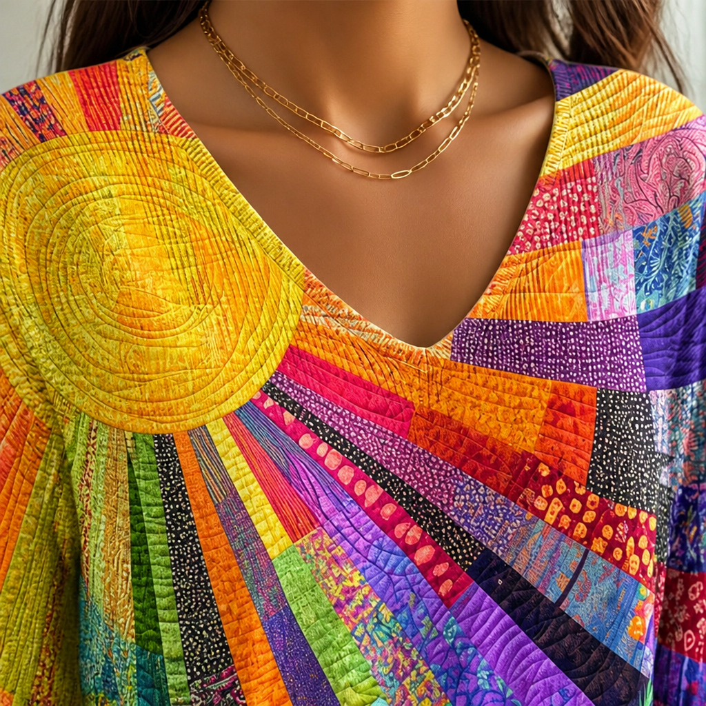 LuxeVera™ – Radiant Sunburst Patchwork V-Neck Blouse