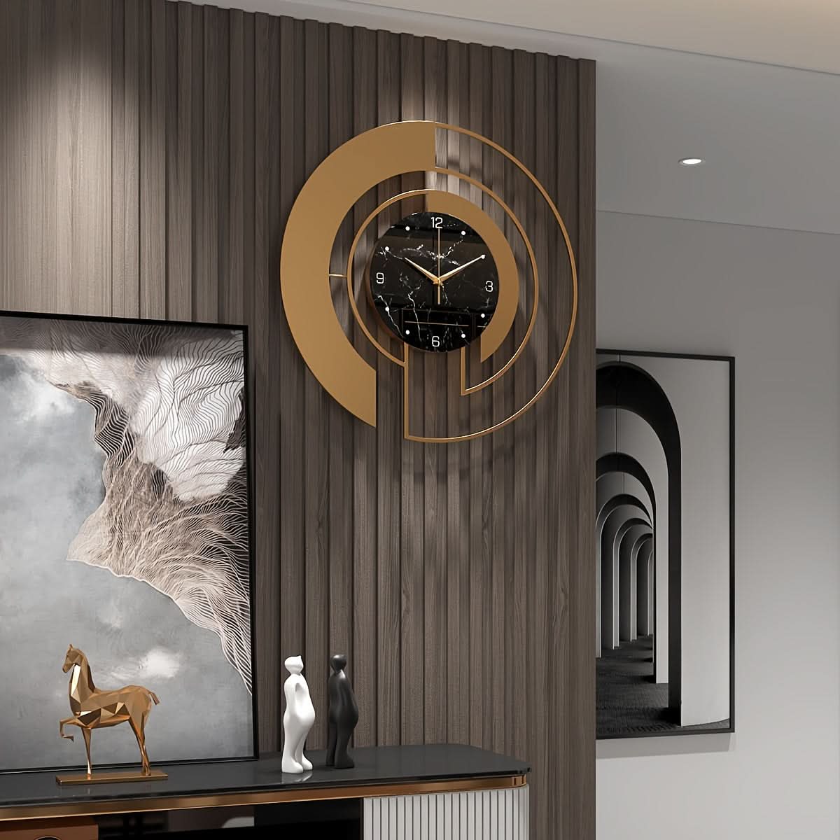 Silent Wall Clock with Glass Face – Golden Geometric Design
