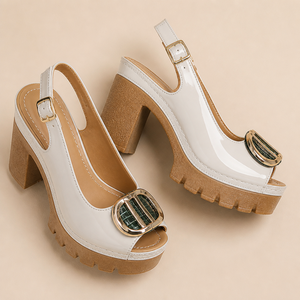VivaStride™ – Patented Peep-Toe Block Heel Sandals Featuring Bold Gold Buckle