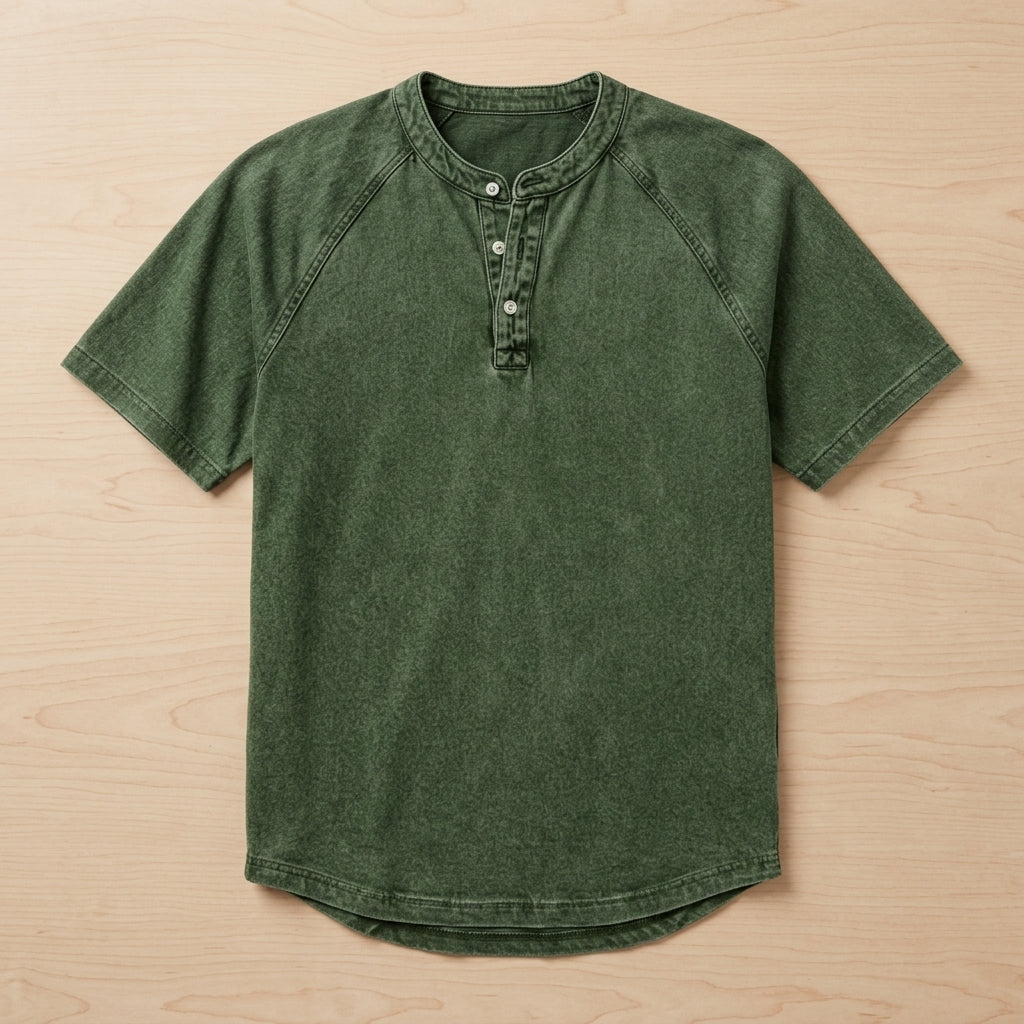 VesperLoom™ – Vintage Mineral-Wash Raglan Henley Tee
