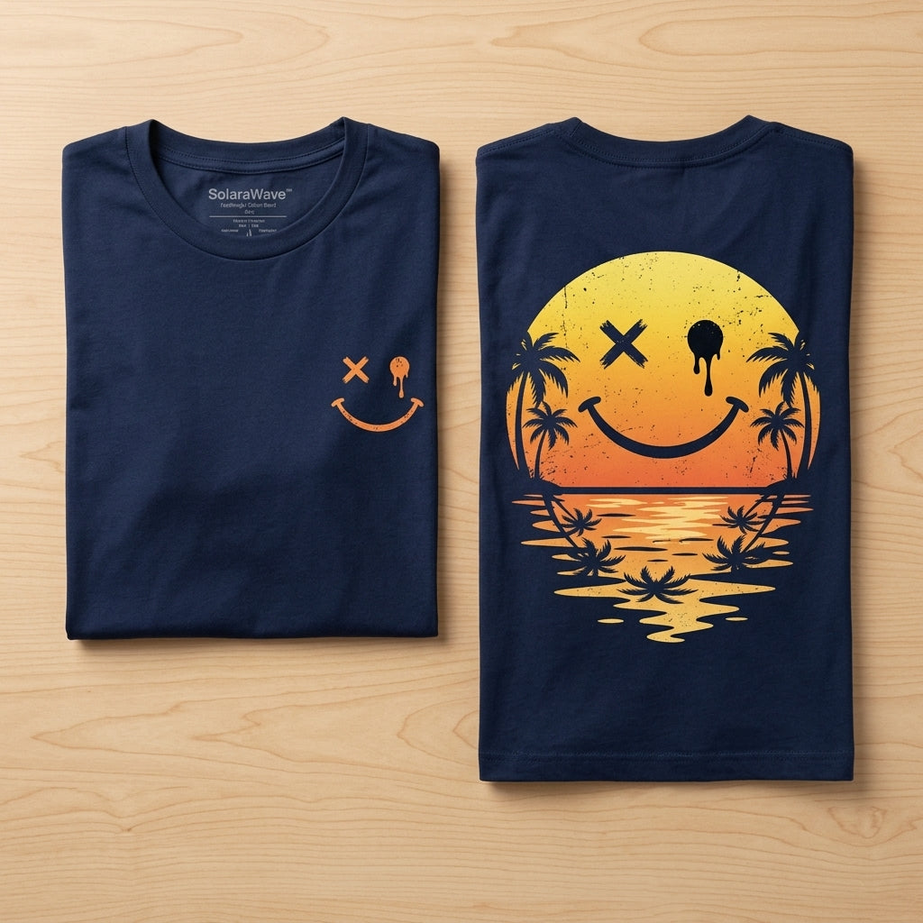 SolaraWave™ – Retro Sunset Smiley Graphic Tee with Front & Back Print