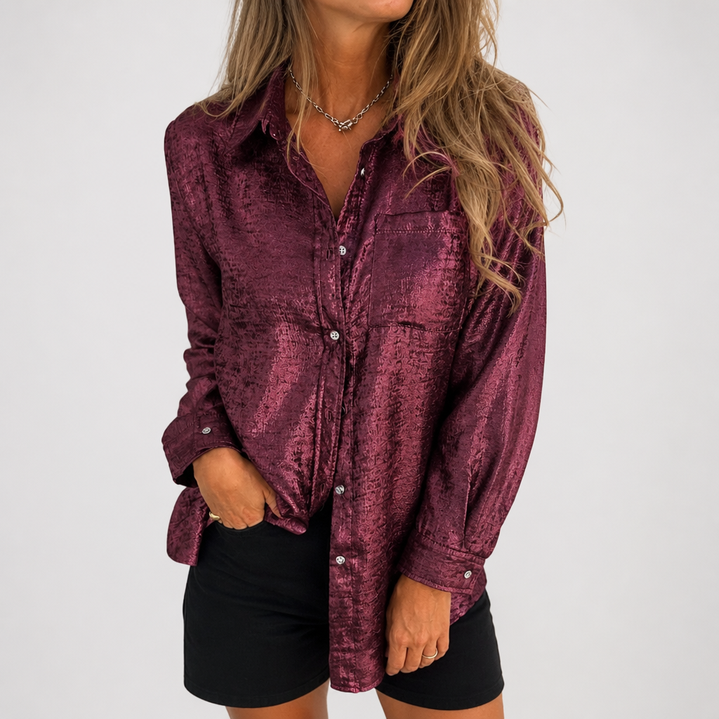 SilkenShade™ – Shiny Metallic Button-Down Shirt with Lapel Collar