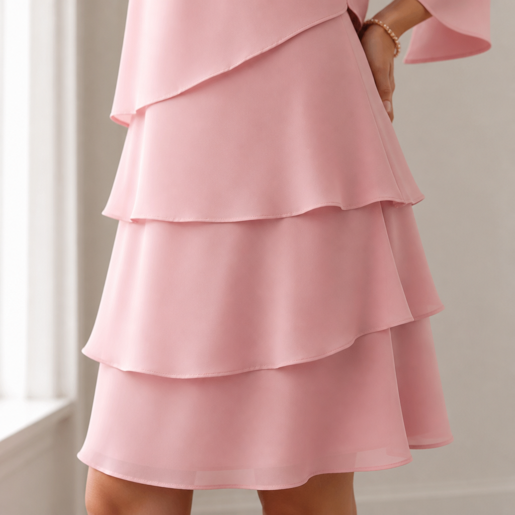 LumaBella™ – Sophisticated Layered Chiffon Dress with Flowing Bell Sleeves