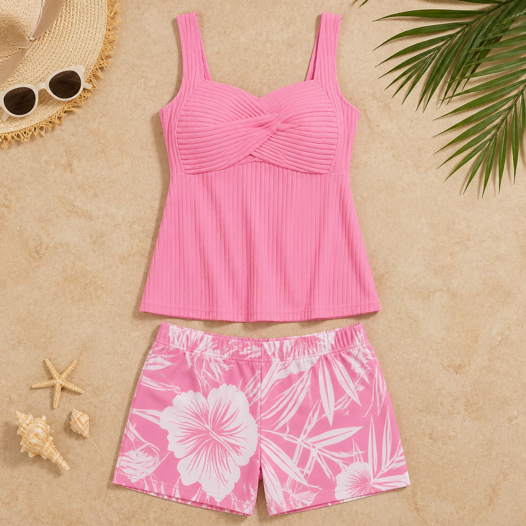 CurvaLuxe™ – Ribbed Twist-Front Tankini Set with Boxer Shorts