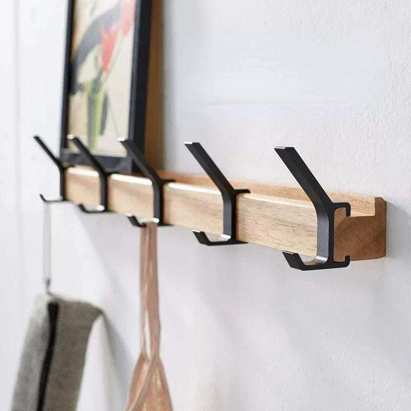 Sleek Wooden Wall Hook Rack with Adjustable Hooks