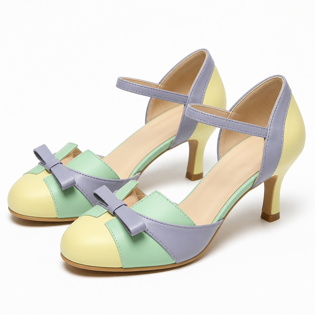 SolaceStride™ – Vintage Two-Tone Bow Heels with Adjustable Ankle Strap