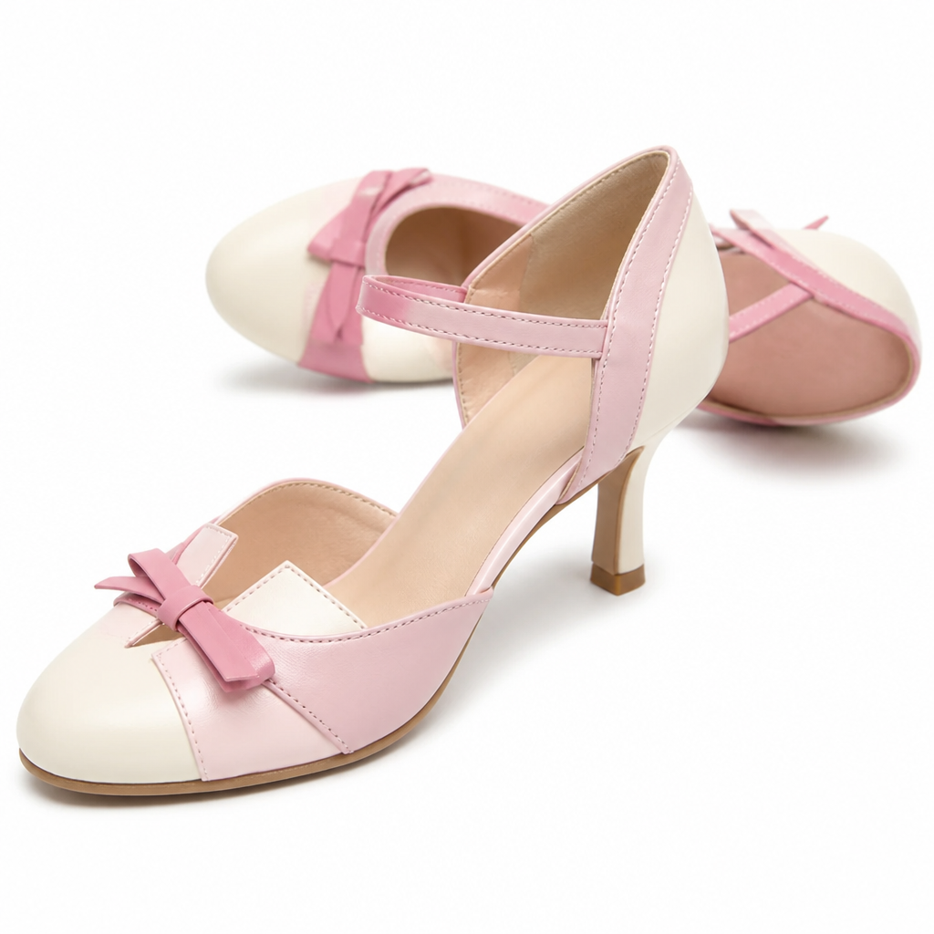 SolaceStride™ – Vintage Two-Tone Bow Heels with Adjustable Ankle Strap