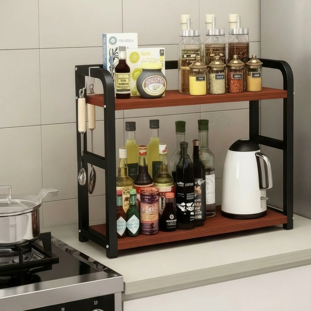 Dual-Level Spice Storage Rack – Elegant Black Frame & Wooden Shelves