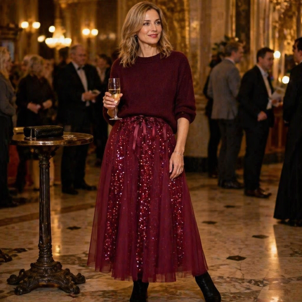 Soraya™ – Sparkling Sequin Tulle Midi Skirt & Snug Knit Sweater Set
