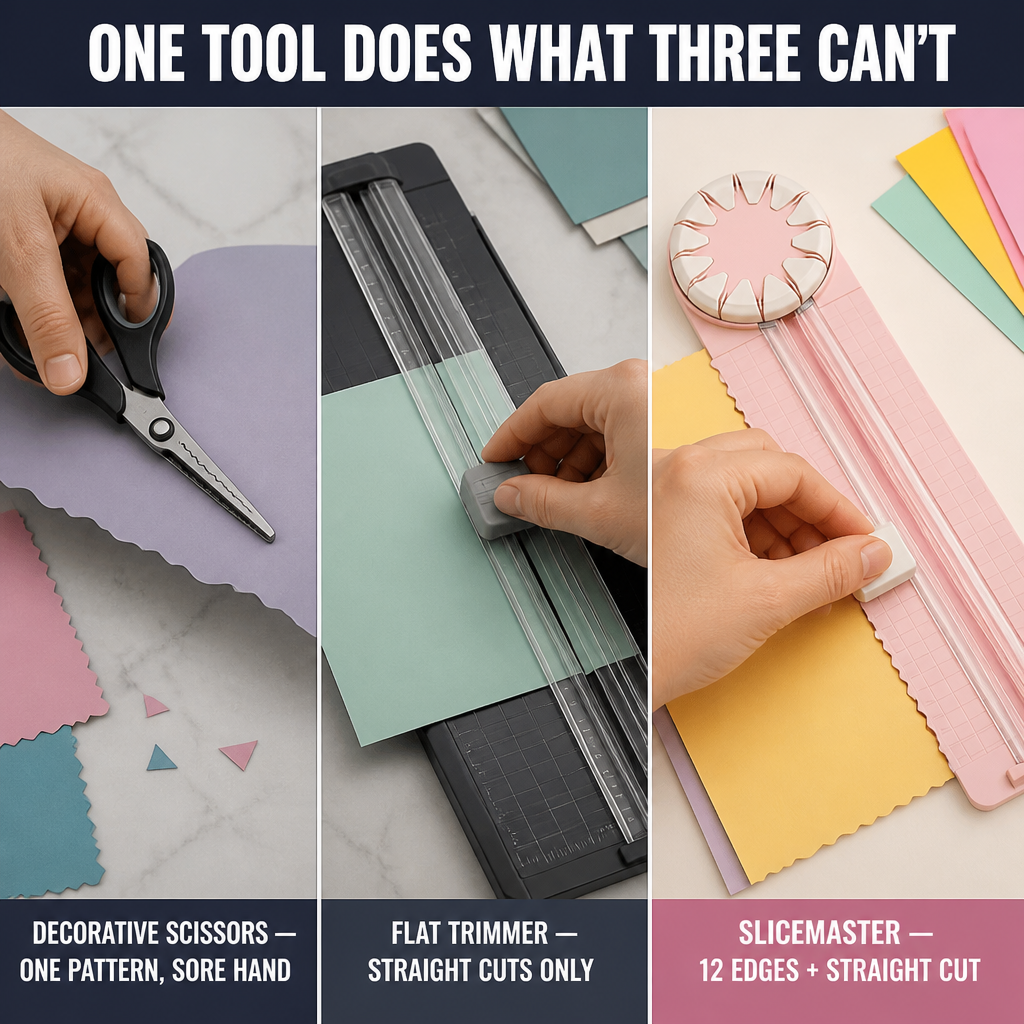 SliceMaster™ — Turn One Wheel, Cut 12 Decorative Edges Clean Every Time