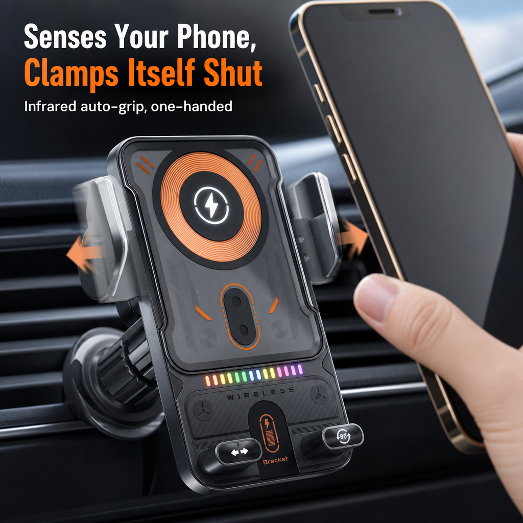 GripCharge™ — Auto-Clamp Your Phone and Charge It Wirelessly at 15W While You Drive