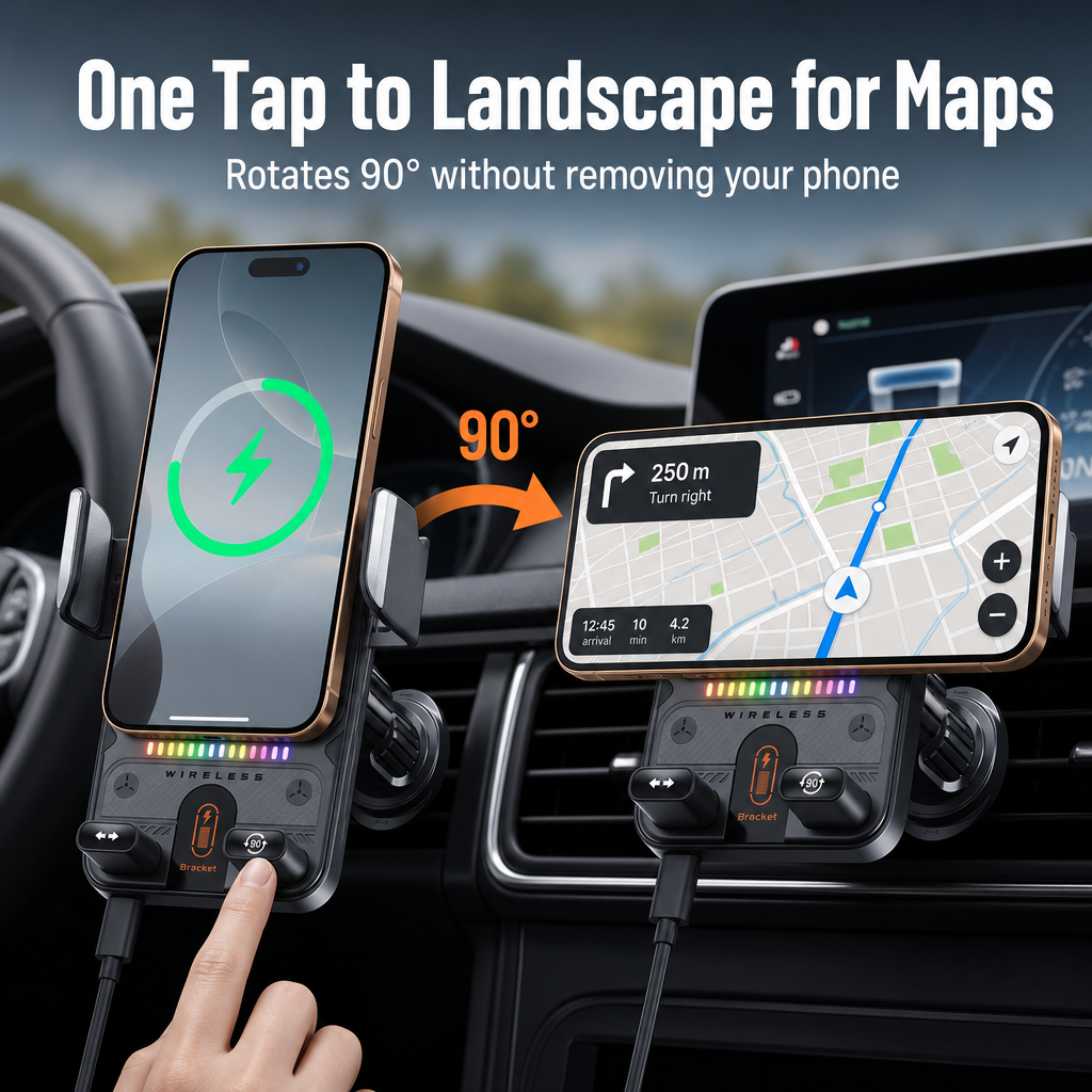 GripCharge™ — Auto-Clamp Your Phone and Charge It Wirelessly at 15W While You Drive