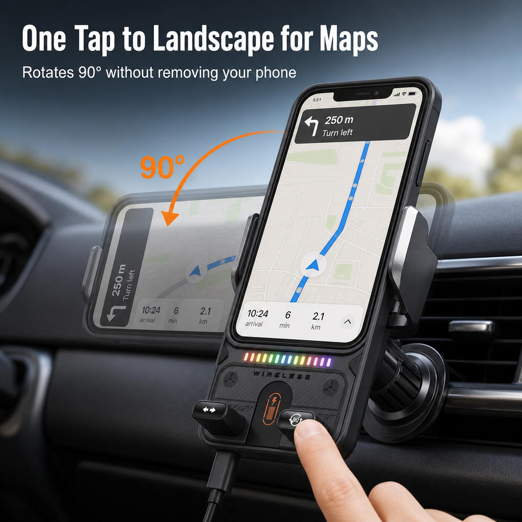 GripCharge™ — Auto-Clamp Your Phone and Charge It Wirelessly at 15W While You Drive
