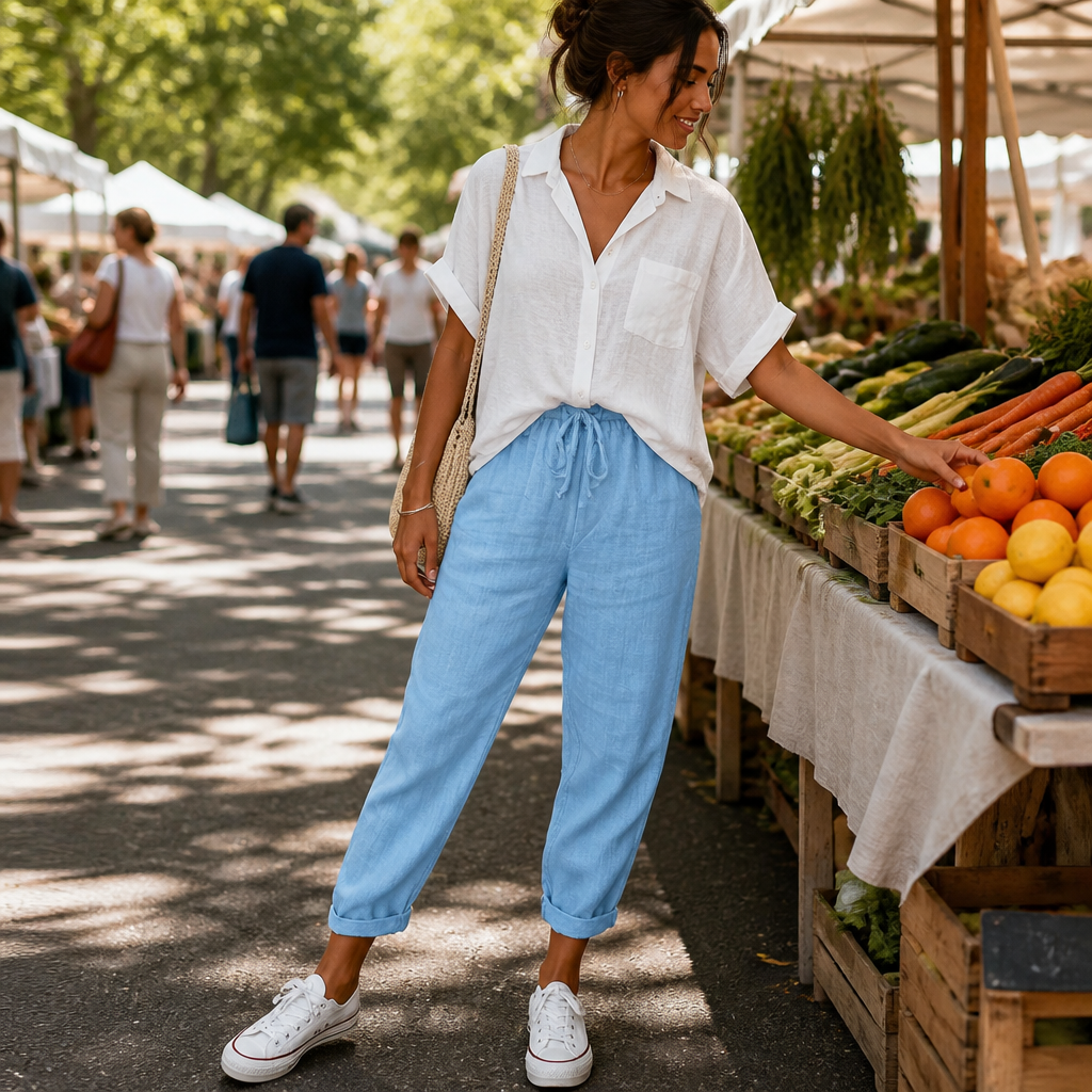 BreezeLoom™ – Relaxed Cotton-Linen Tapered Pants with Drawstring Waist
