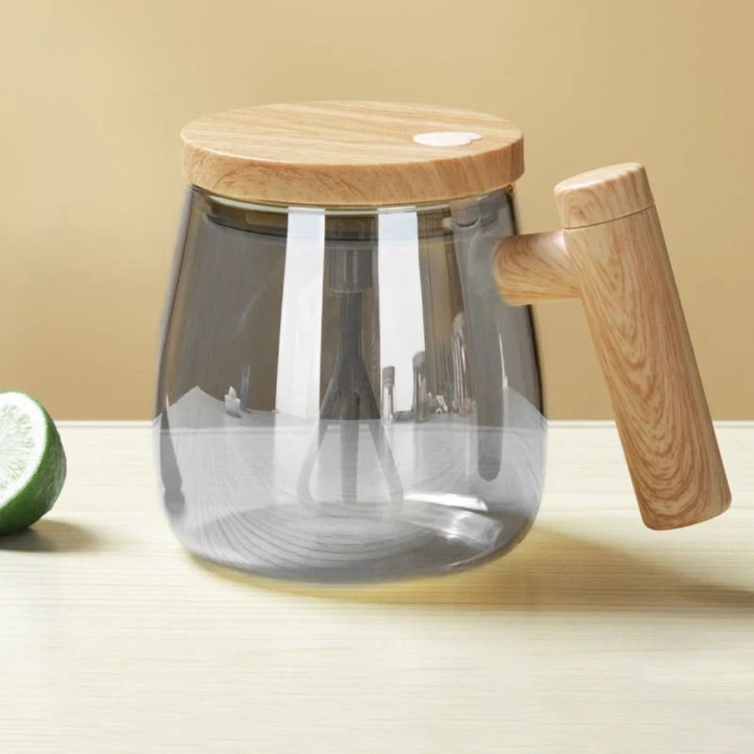 Self-Stirring Coffee and Tea Mug with Wooden Handle