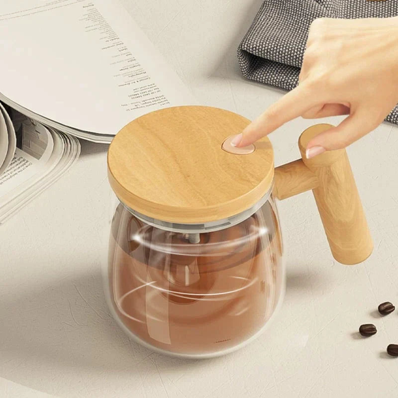 Self-Stirring Coffee and Tea Mug with Wooden Handle