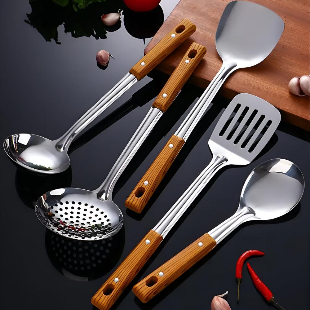 Essential Stainless Steel & Wood Utensil Set for Every Kitchen